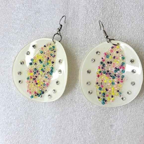 Creamy White Large Earrings with multicolored Beads and Crystal Fashion Stones - Picture 2 of 14